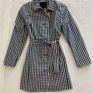 Navy blue and white gingham trench